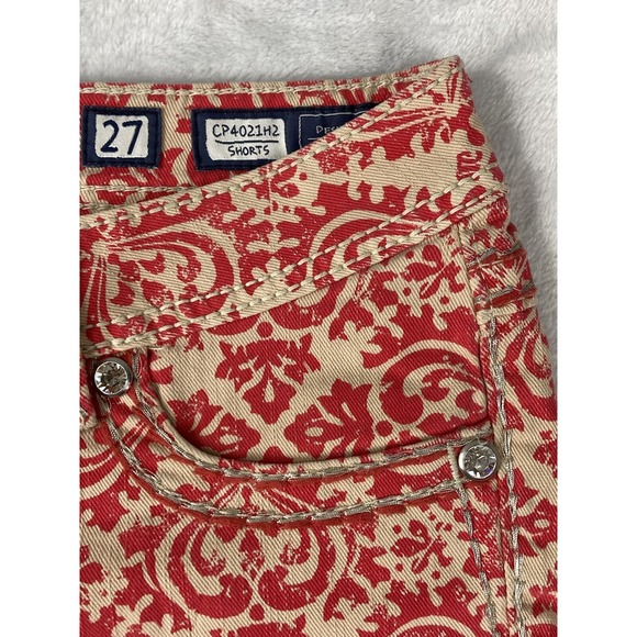 Miss Me Womens Cut Off Raw Hem Jean Shorts Red & Tan Paisley Size 27 - Picture 3 of 15
